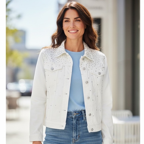 Vintage Christine Alexander White Rhinestone Studded Jean Jacket - Picture 1 of 10